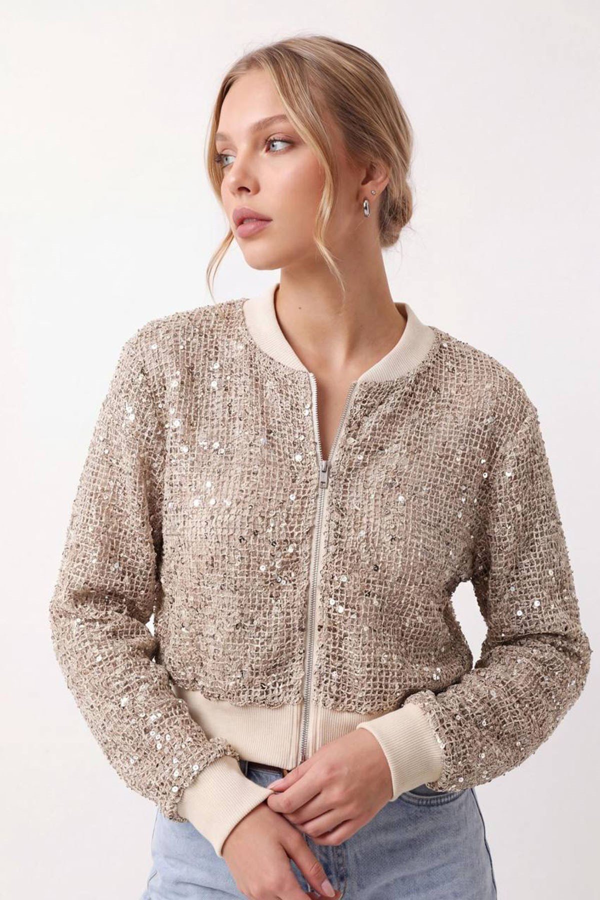 FERMUARLI PUL PAYET SWEATERS TAŞ