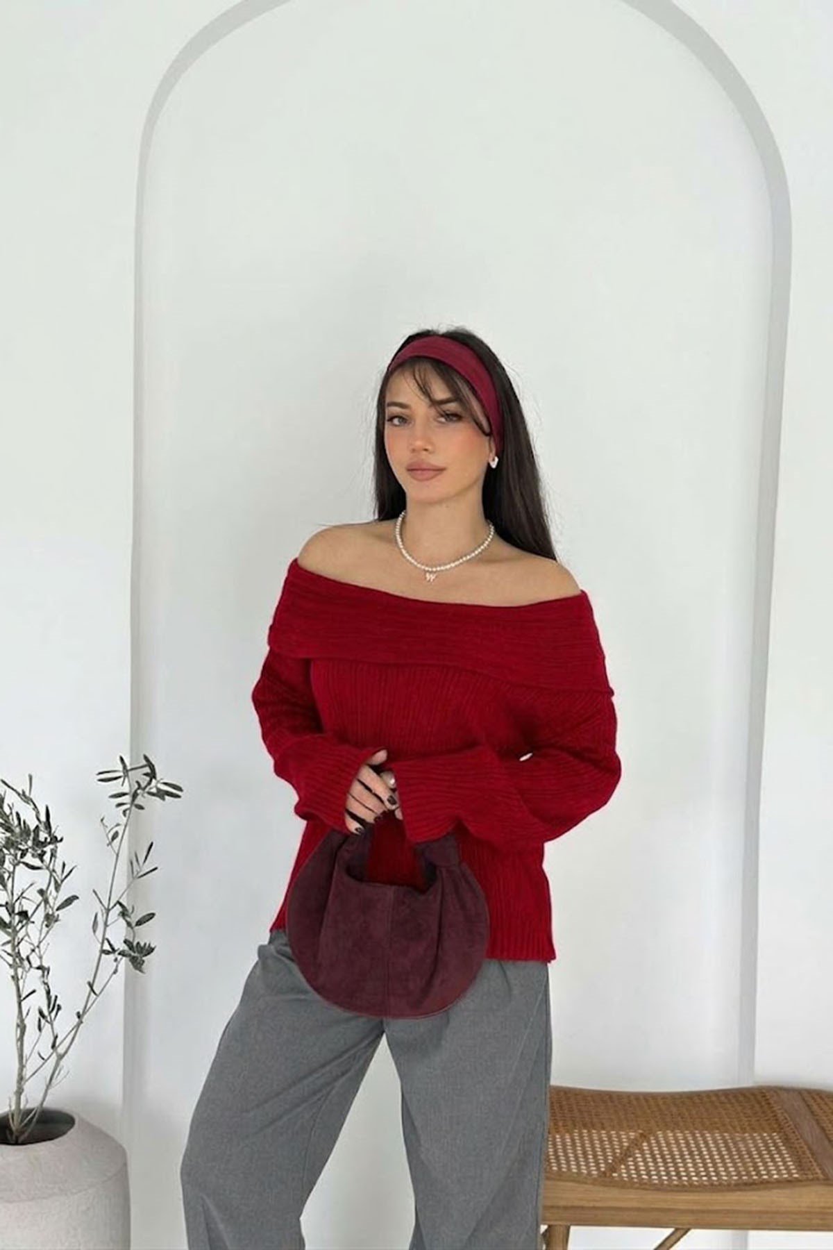 Fitilli Madonna Yaka Kazak-Kırmızı KIRMIZI