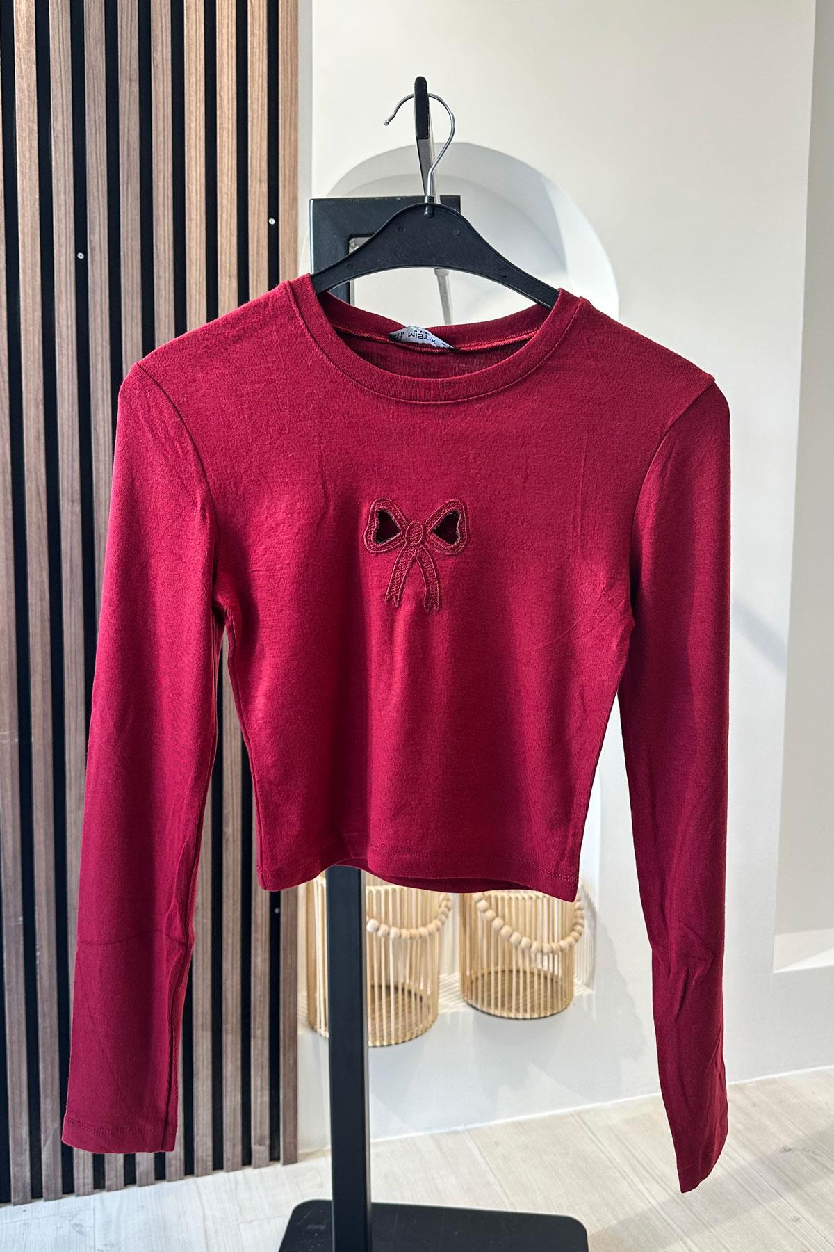 Fiyonk Dekolte Nakışlı Basic Bluz - Bordo BORDO