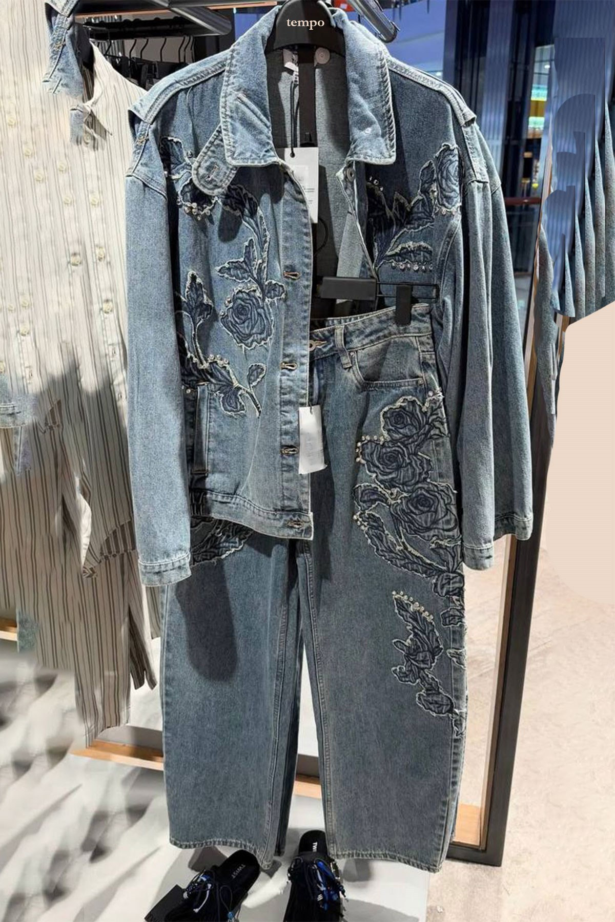 Floral Patchlı Denım Takım - Mavi MAVİ