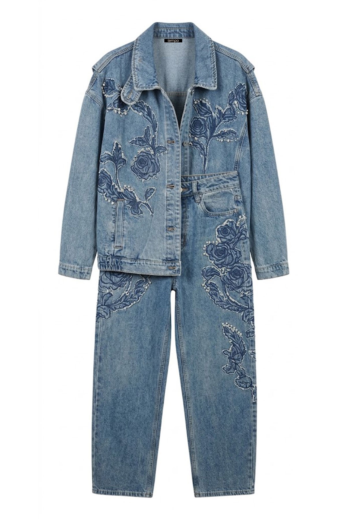 Floral Patchlı Denım Takım - Mavi MAVİ