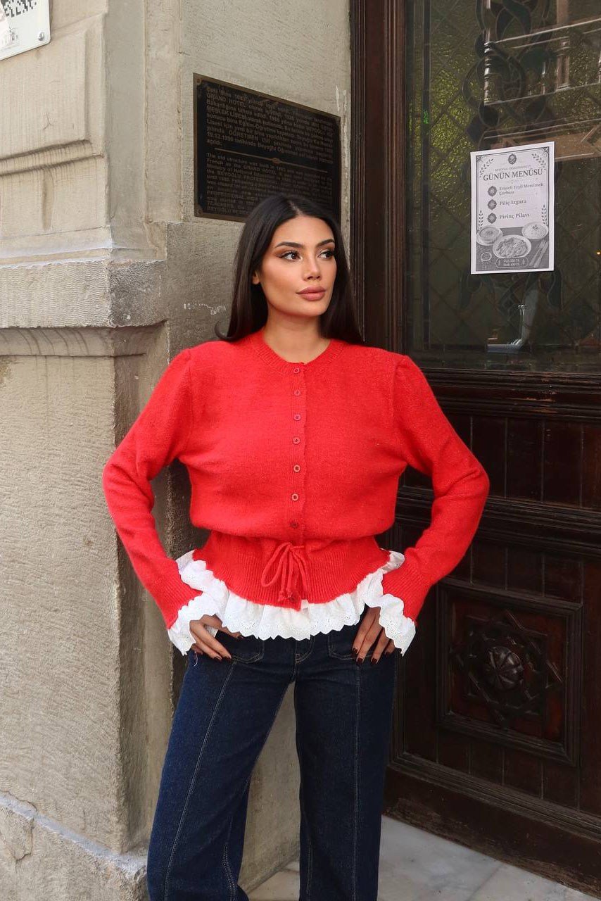 Güpür Detay Bağcıklı Hırka-Kırmızı KIRMIZI