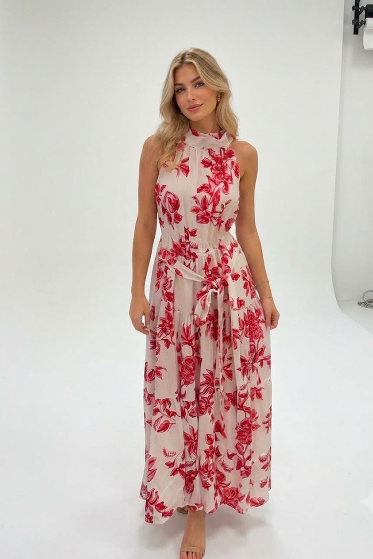 Halter Yaka Elbise Modal Desen KIRMIZI