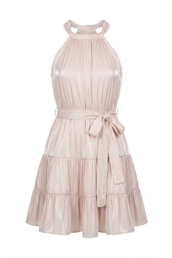 Halter Yaka Kuşaklı Mini Elbise KREM