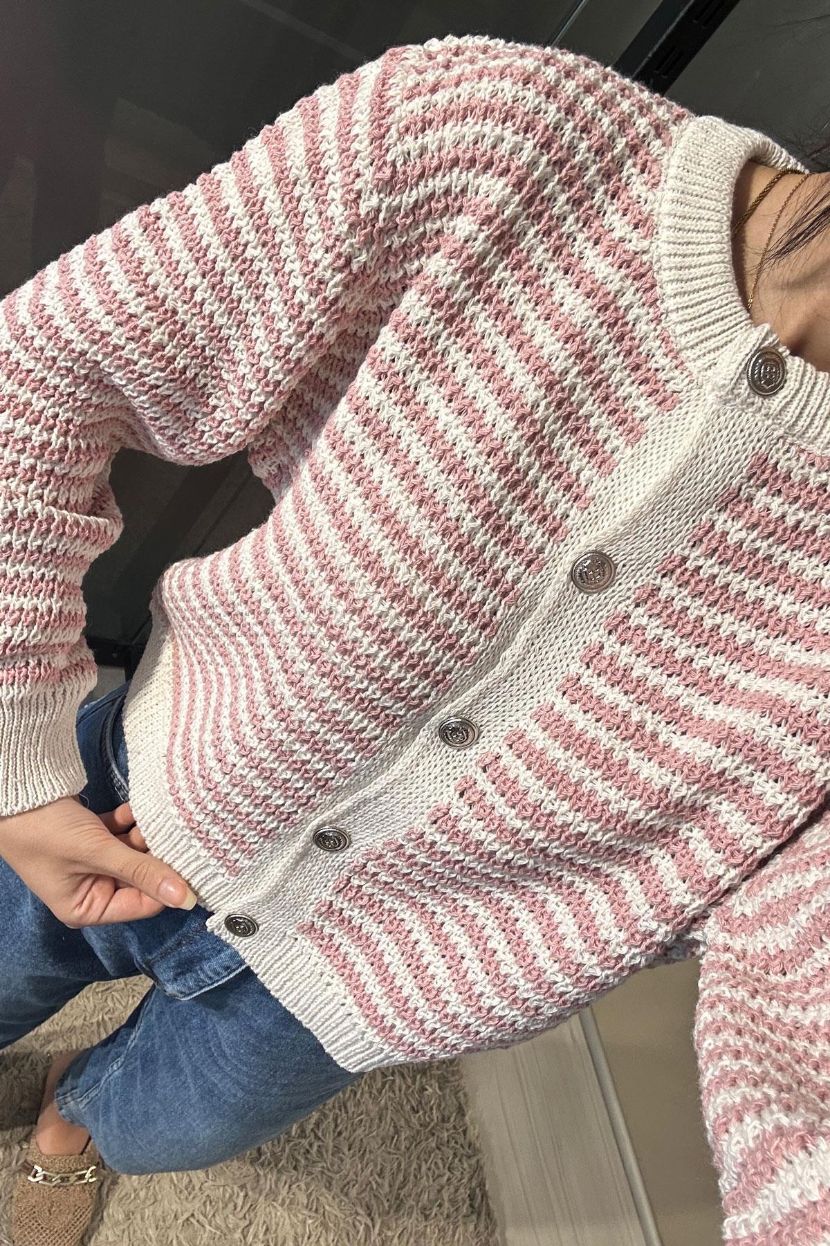 İnce Renk Çizgili Düğmeli Hırka - Pembe PEMBE
