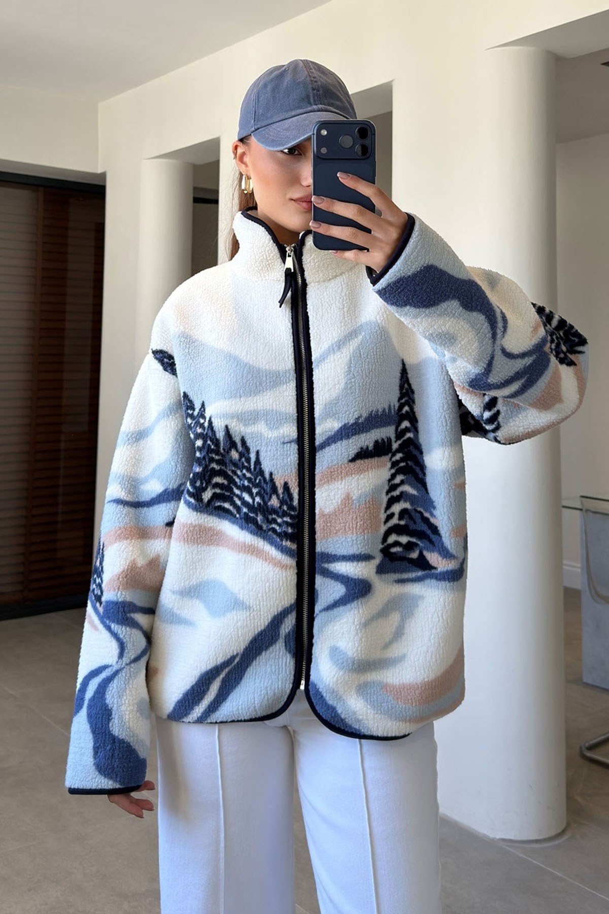 KAR DESENLİ FERMUAR SWEAT MAVİ