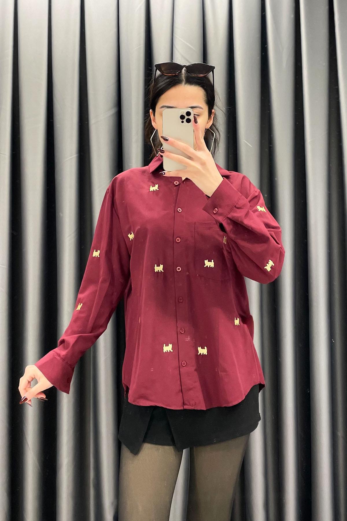 Kedi Nakış İşlemeli Basic Gömlek - Bordo BORDO