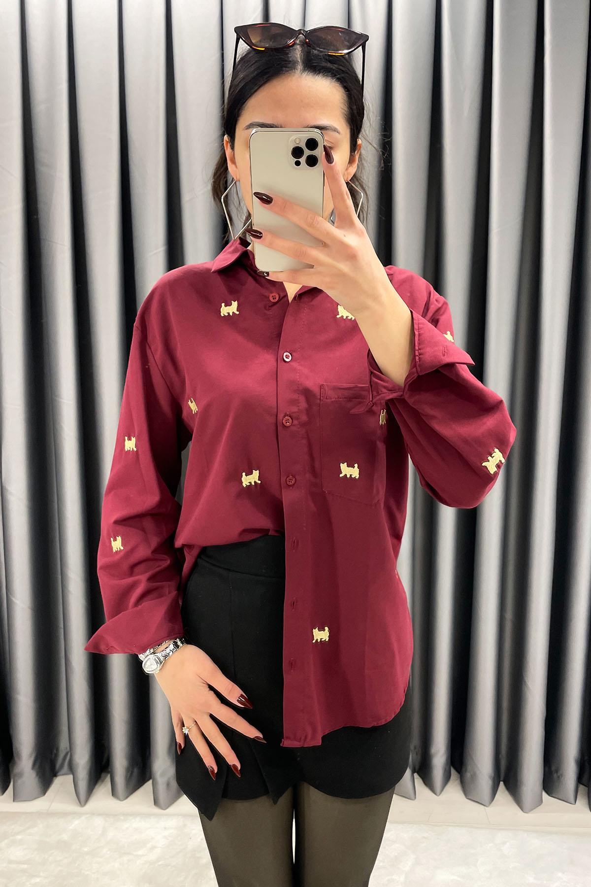 Kedi Nakış İşlemeli Basic Gömlek - Bordo BORDO
