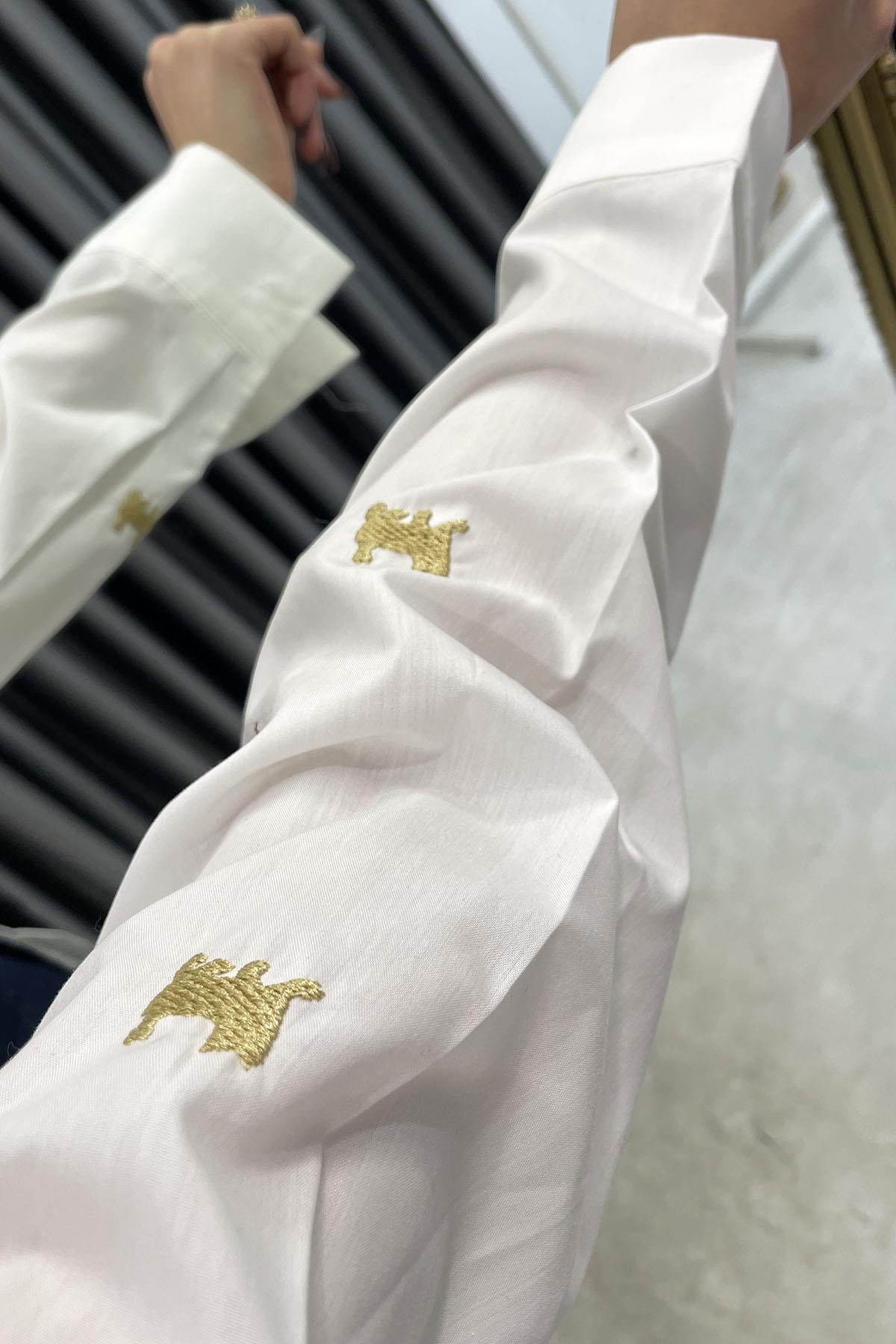 Kedi Nakış İşlemeli Basic Gömlek - Ekru EKRU