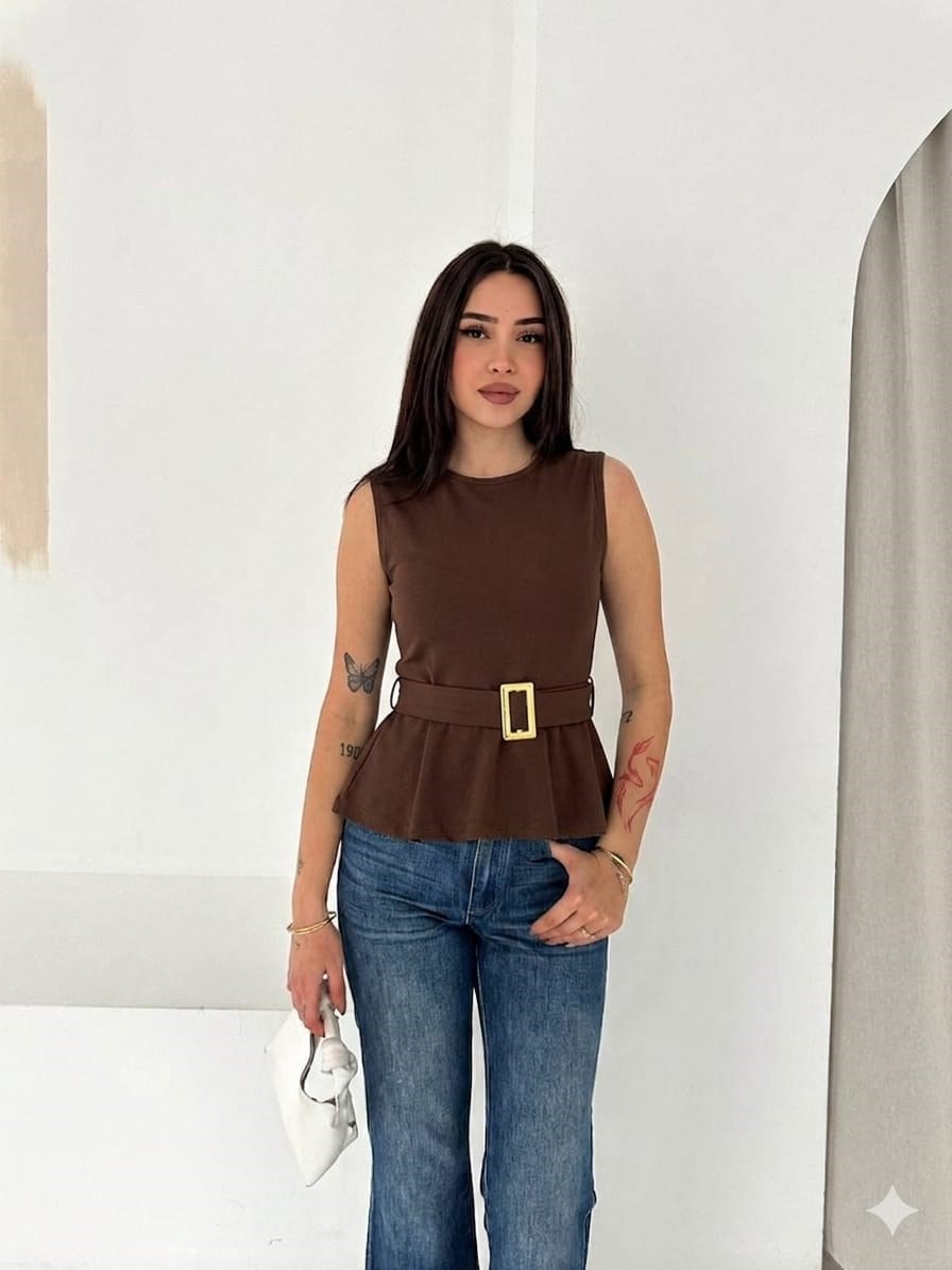 Kemerli Sıfır Kol Volanlı Bluz- Acı Kahve Acı Kahve
