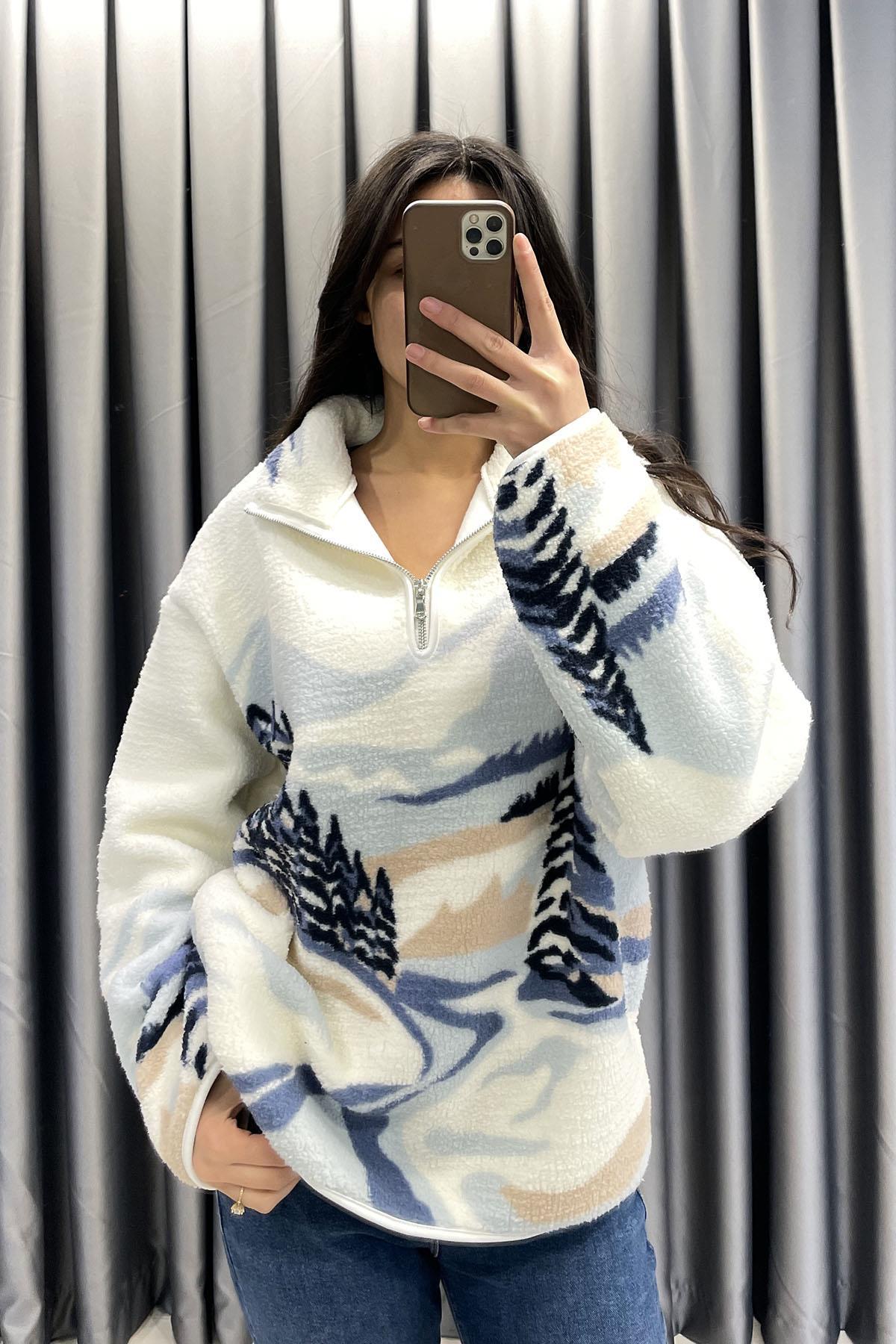 Kenar Britli Yarım Fermuar Peluş Sweatshırt - Mavi MAVİ