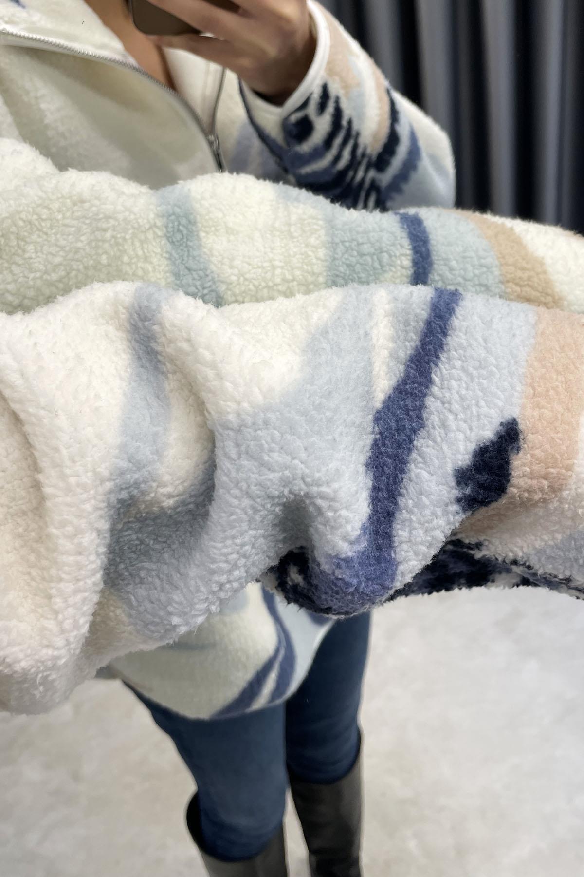 Kenar Britli Yarım Fermuar Peluş Sweatshırt - Mavi MAVİ