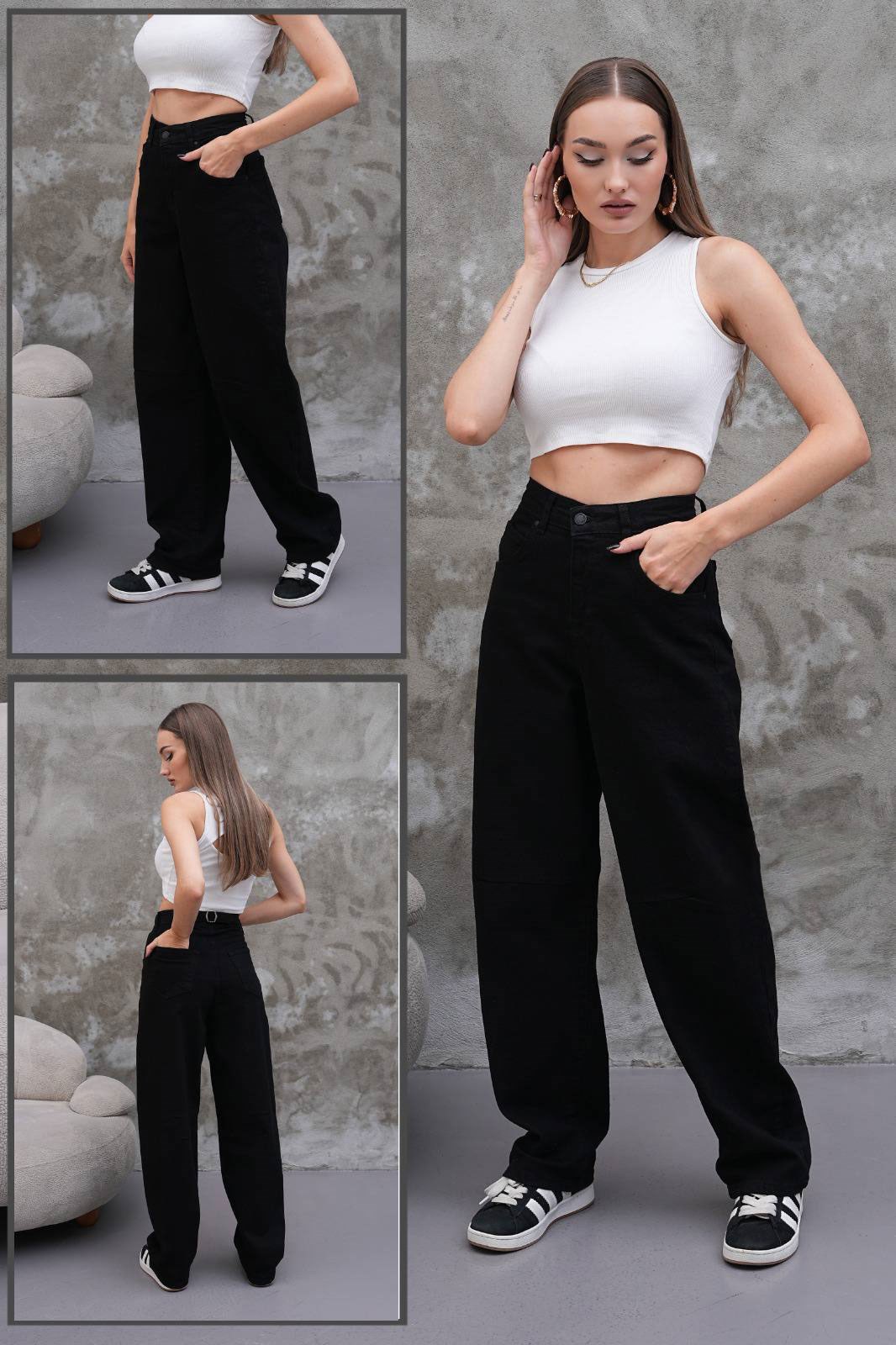 Kendinden Kemerli Baggy Jean - Siyah SİYAH