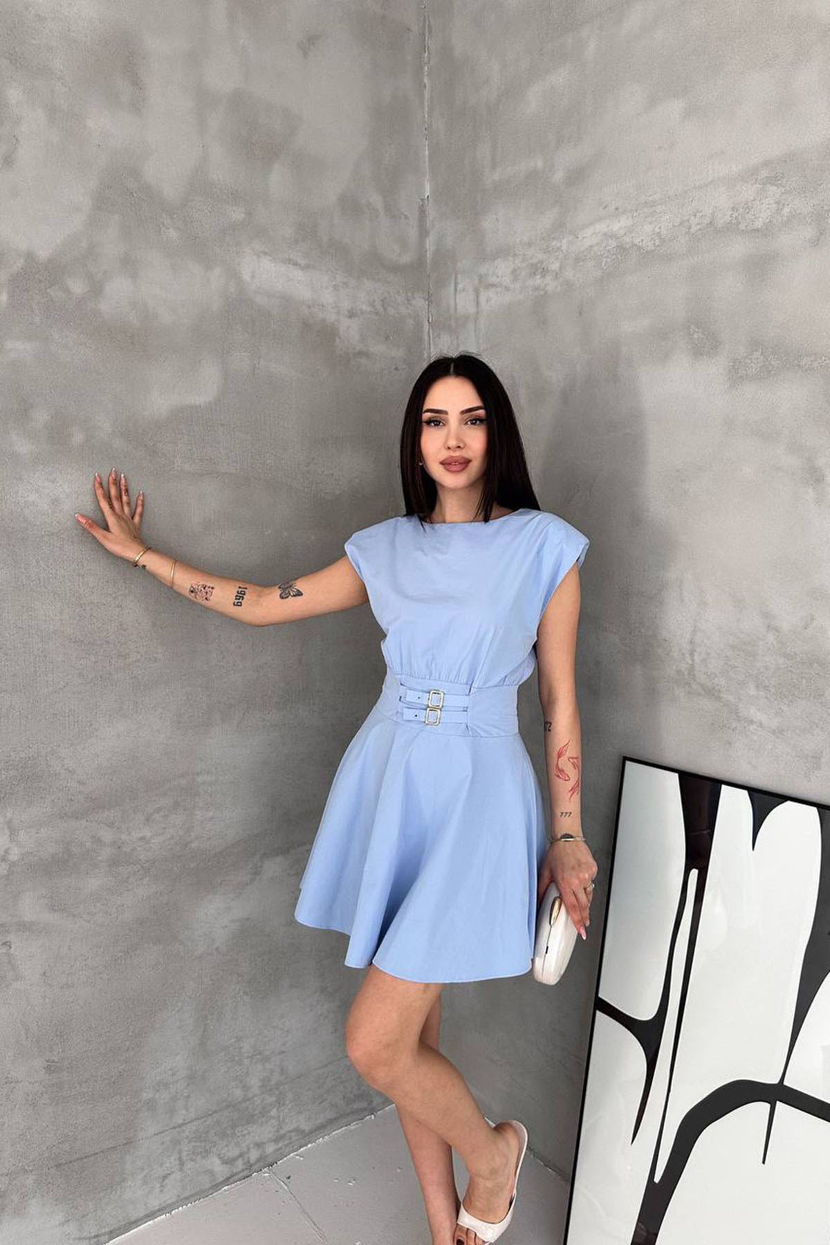 Kendinden Kemerli Mini Elbise Bebe Mavi