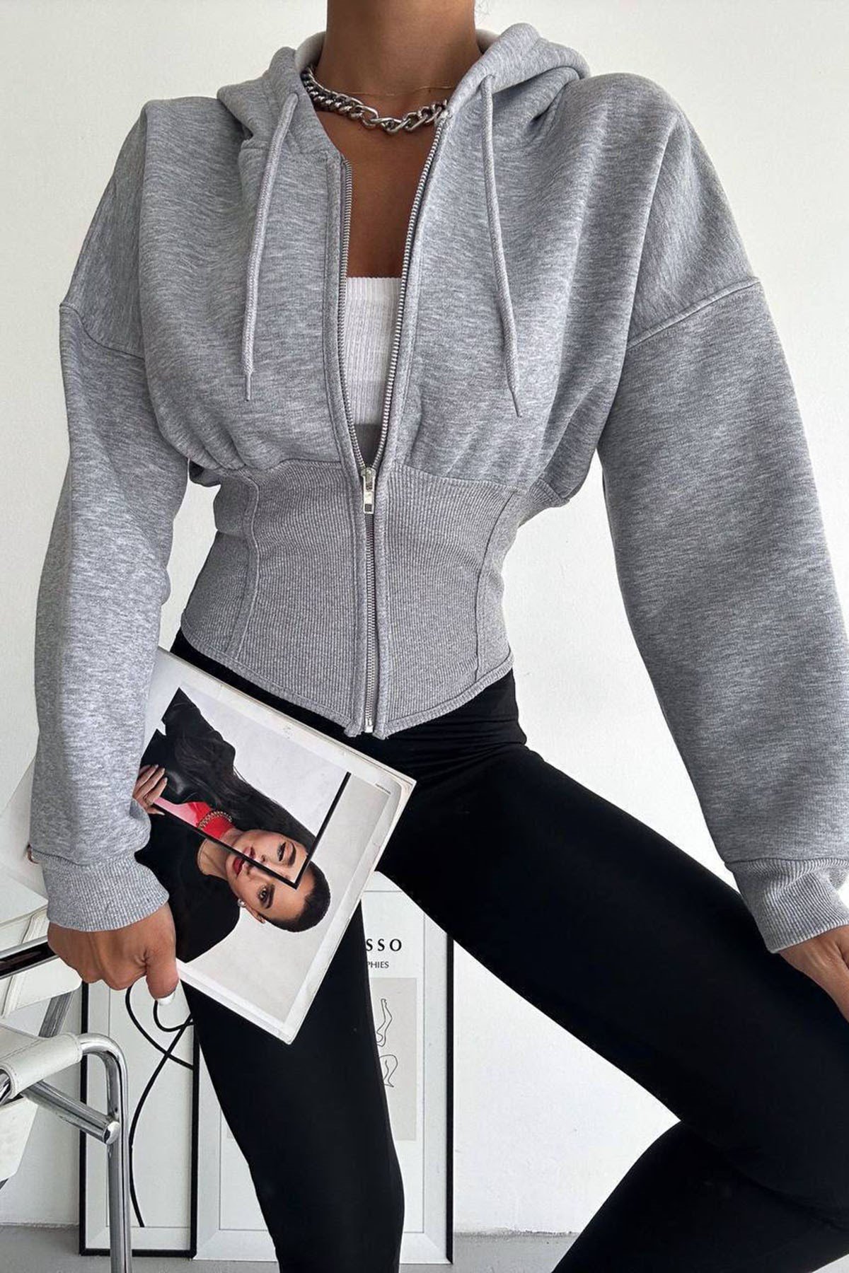 Korse Manşet Crop Ceket GRİ