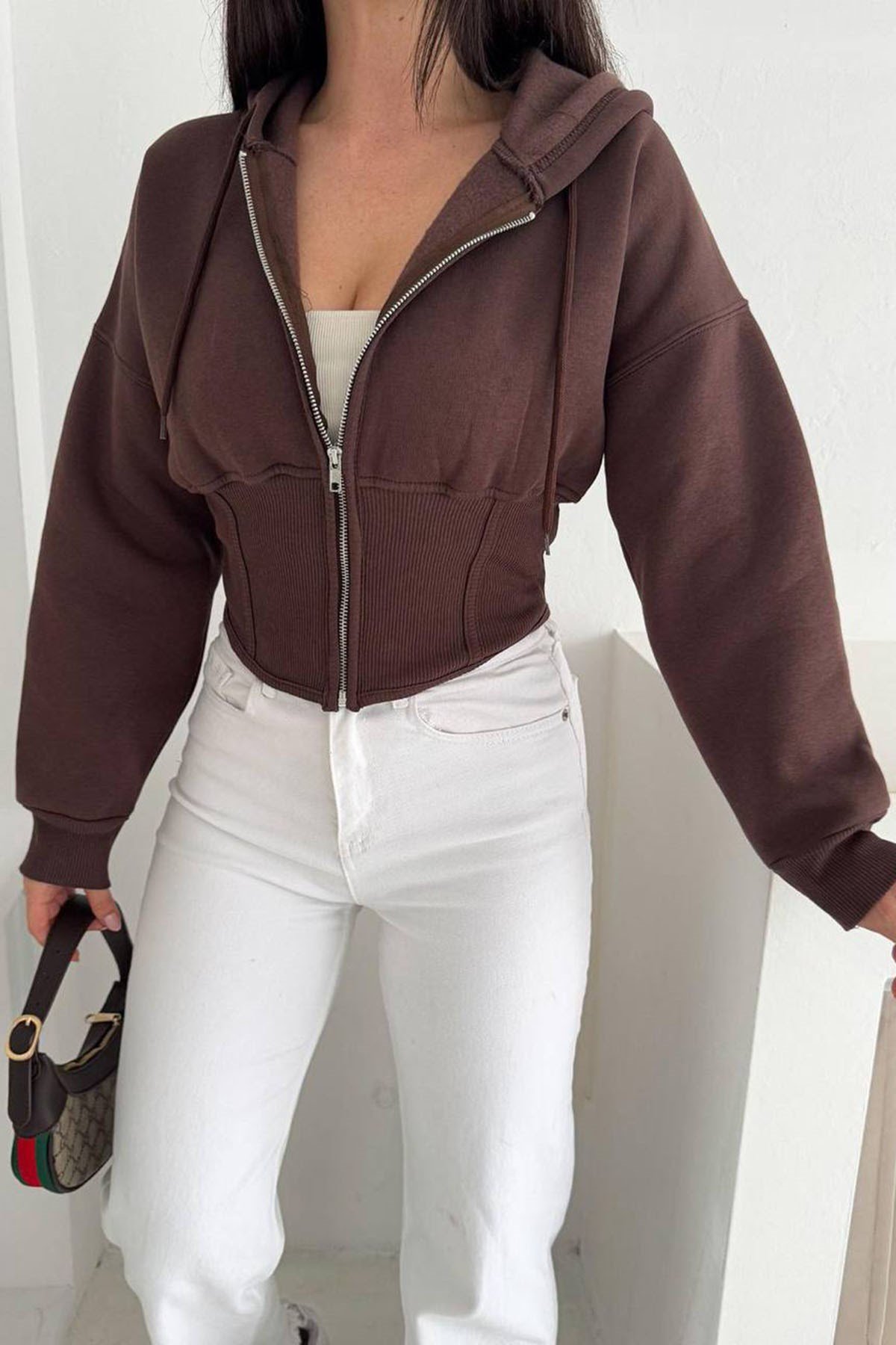 Korse Manşet Crop Ceket KAHVE