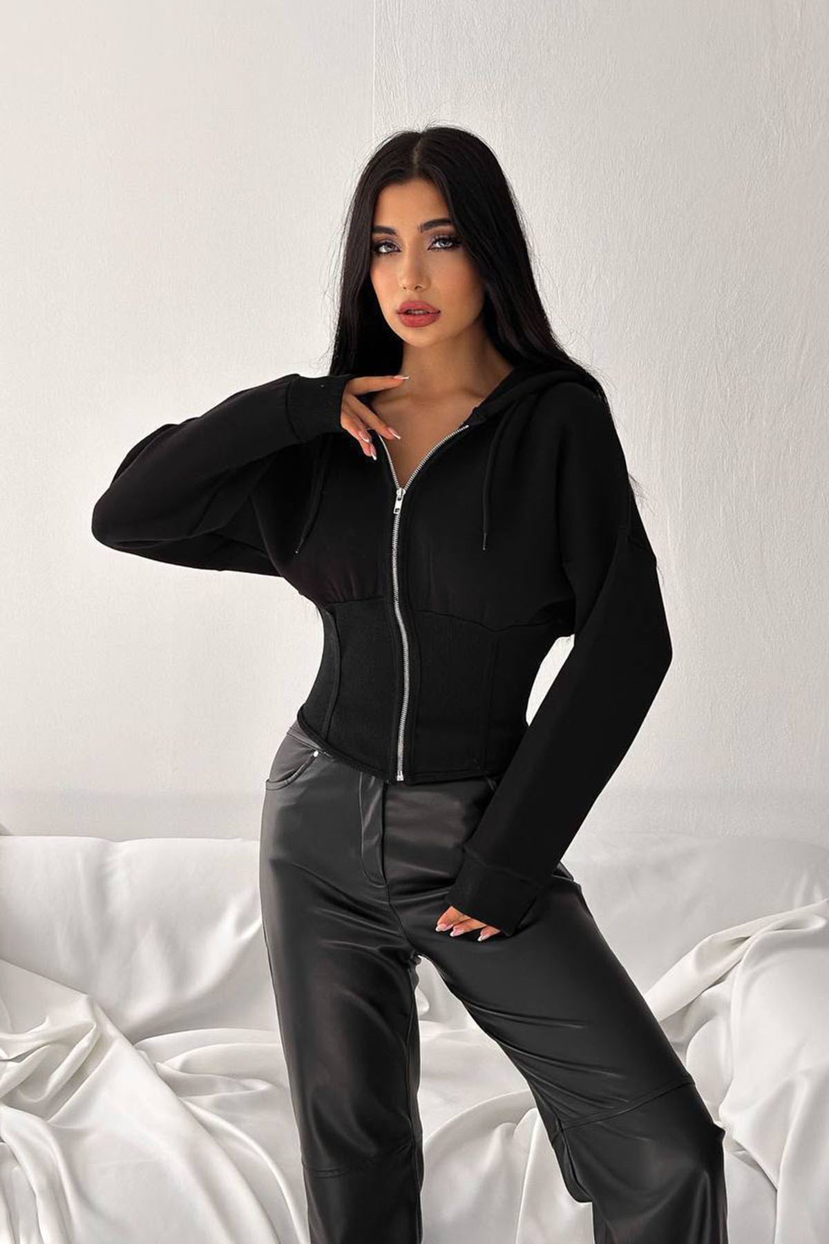 Korse Manşet Crop Ceket SİYAH