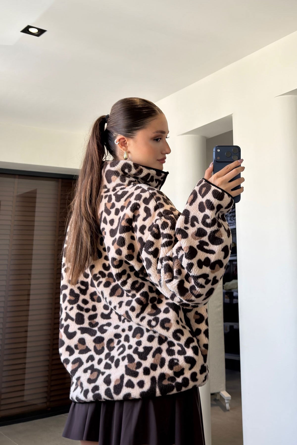 LEOPAR DESEN YARIM FERMUAR SWEAT LEOPAR