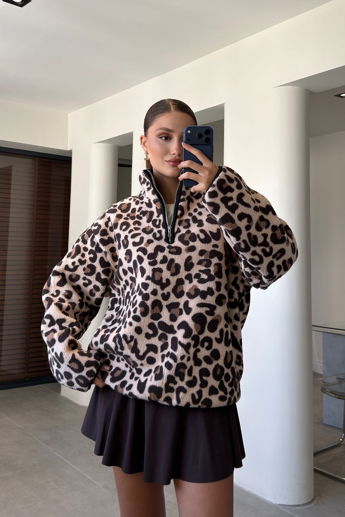 Leopar - Yarım Fermuar Leopar Desen Sweat LEOPAR