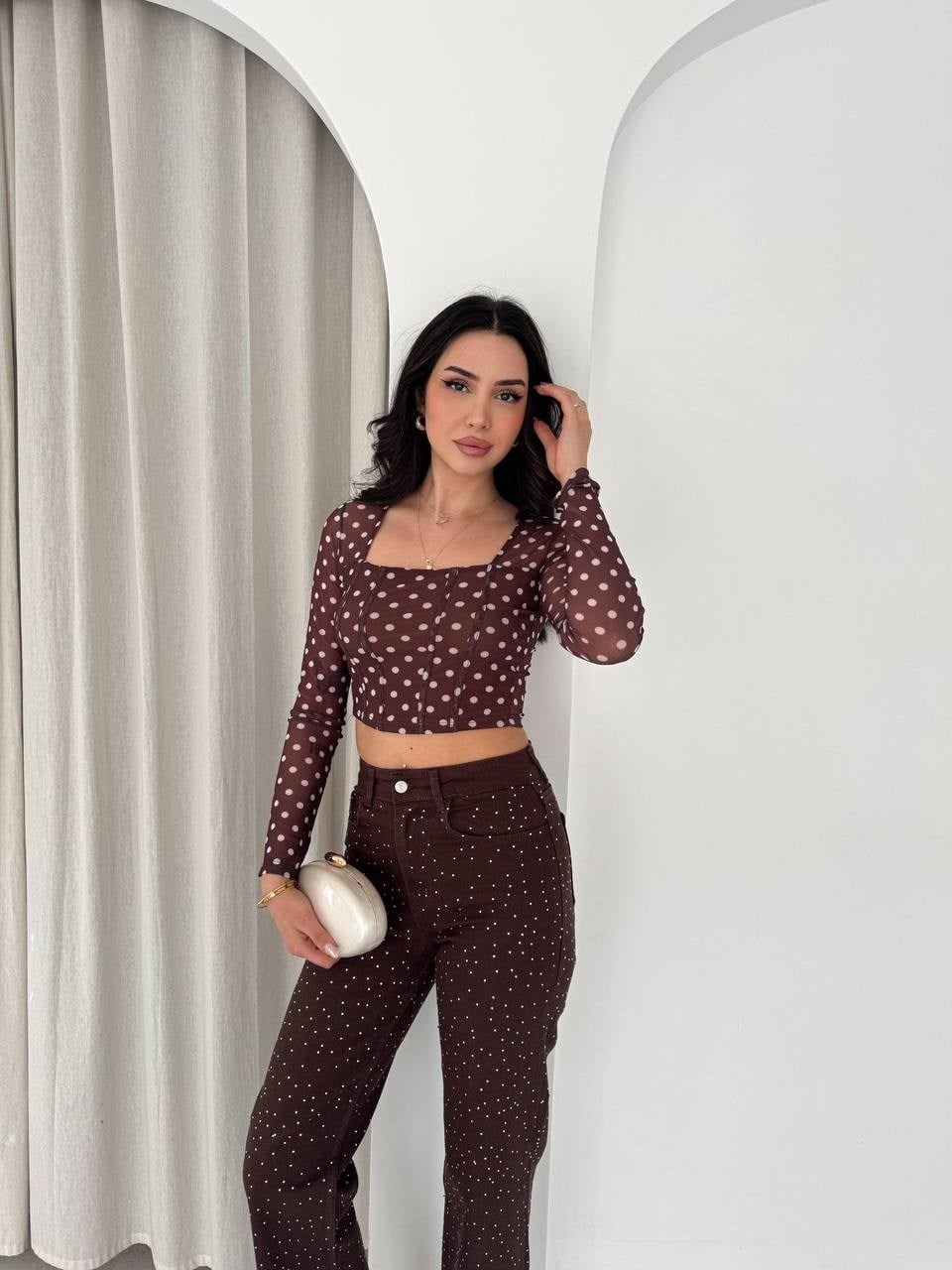 Noa Noa Tül  Puantiyeli Kare Yaka Bluz- Acı Kahve Acı Kahve