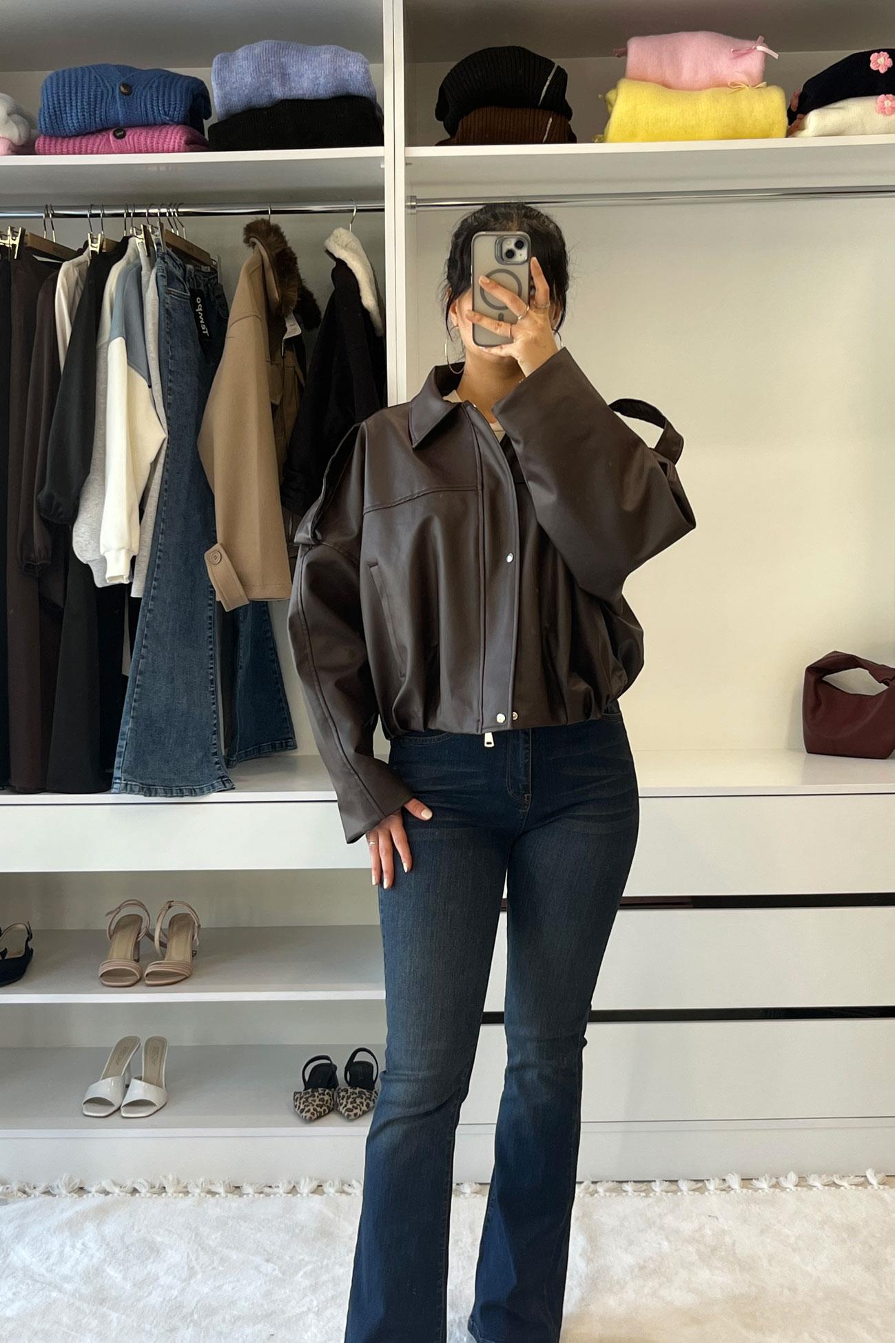 Omuz Manşet Oversize Deri Ceket - Acı Kahve Acı Kahve