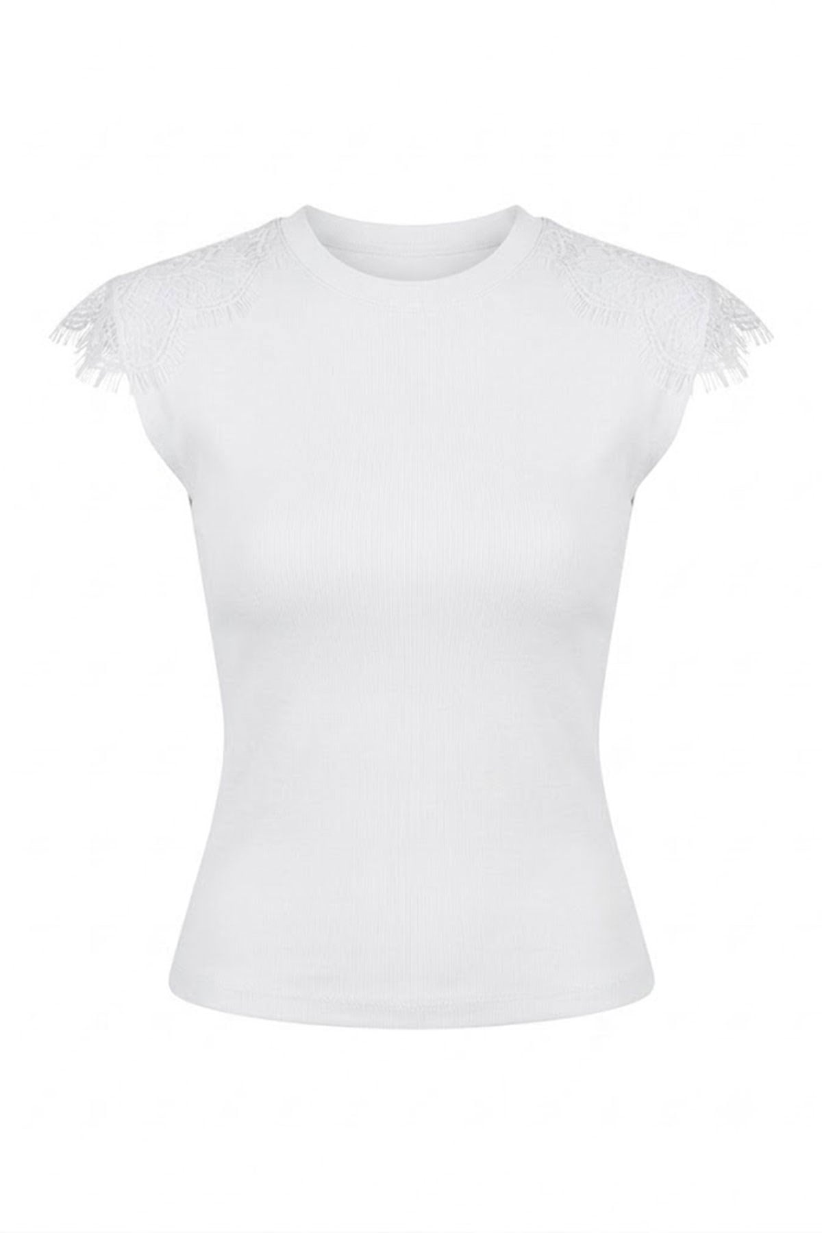 Omuzu Çiçek İşleme T-shirt EKRU