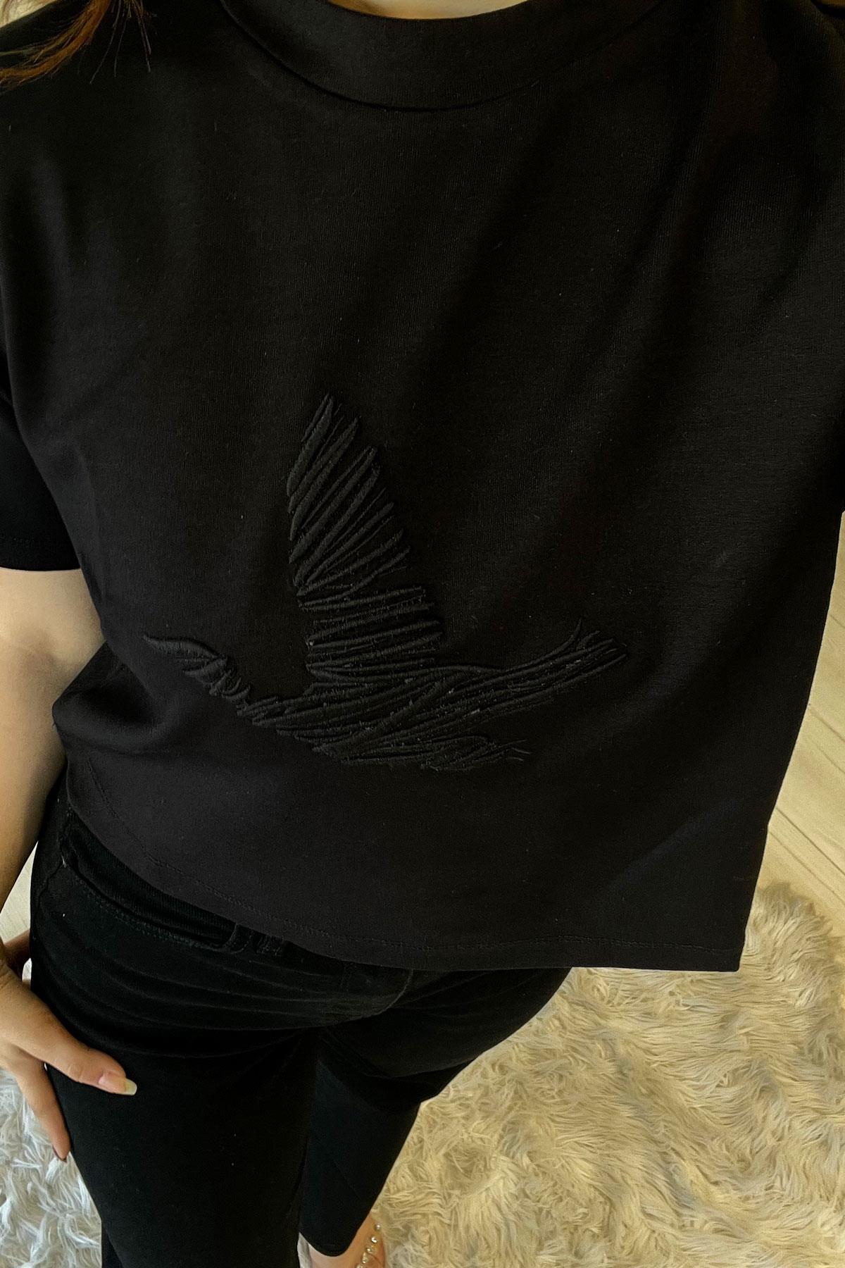 Orijinal Marka Kuş Kabartmalı Basic T-shırt - Siyah SİYAH