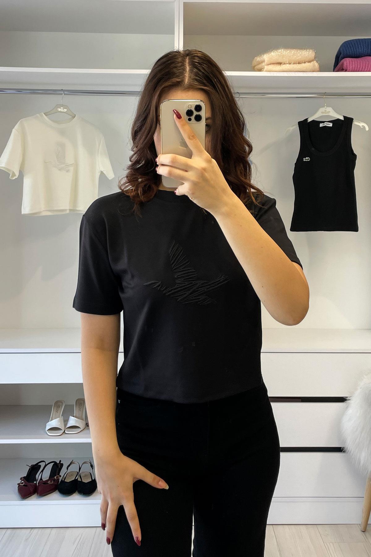 Orijinal Marka Kuş Kabartmalı Basic T-shırt - Siyah SİYAH