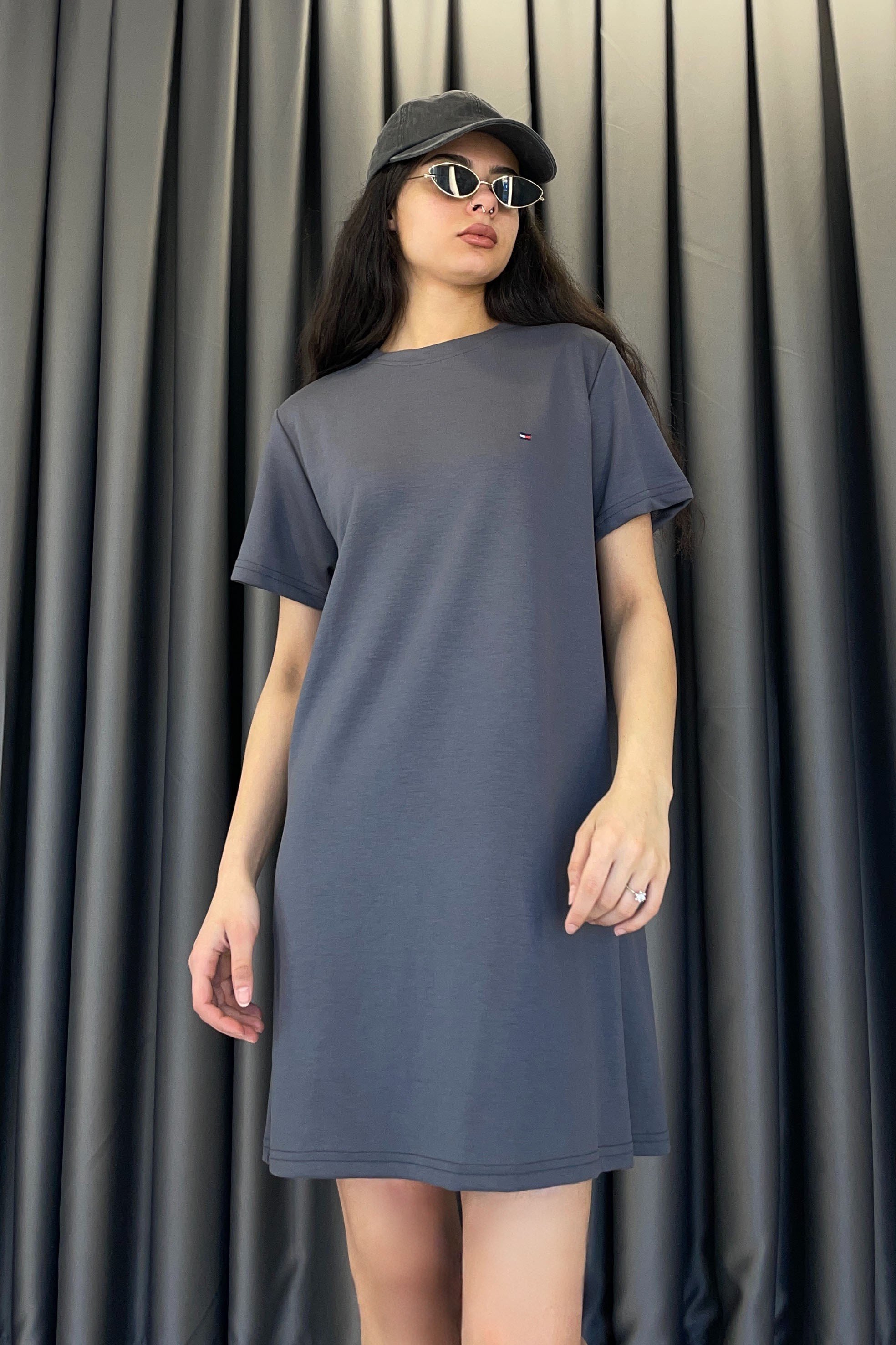 Orjinal Marka Kısa Kol Basic Elbise - Antrasit ANTRASİT