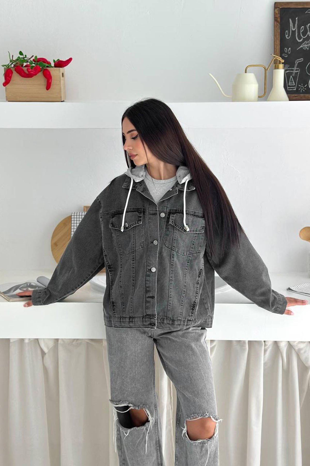 Oversize Kapuşonlu Kot Ceket-Siyah SİYAH