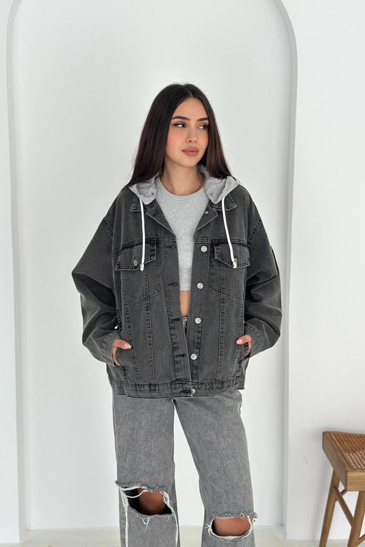 Oversize Kapuşonlu Kot Ceket-Siyah SİYAH