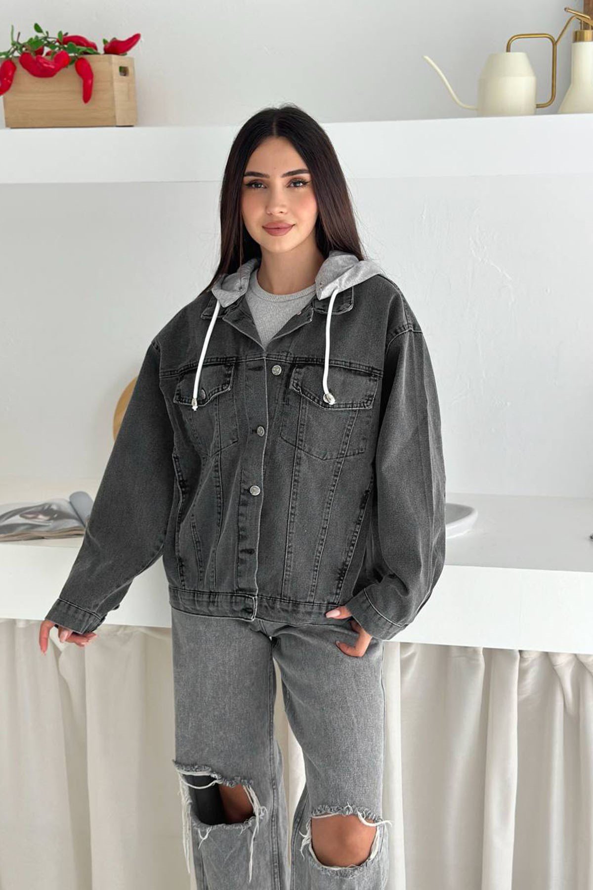 Oversize Kapuşonlu Kot Ceket-Siyah SİYAH