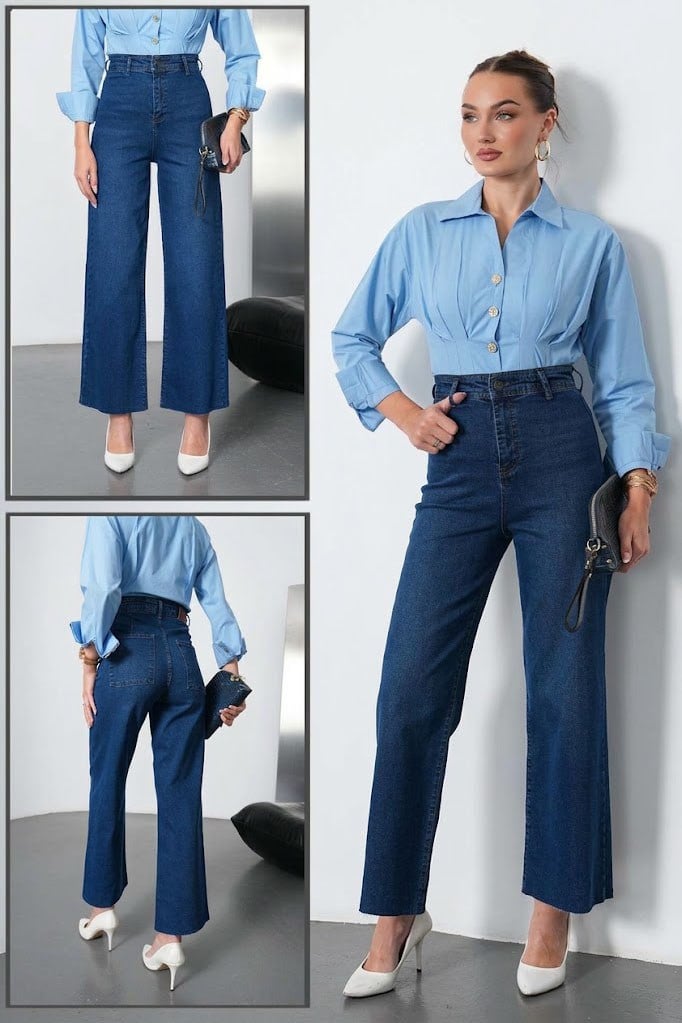 Paça Kesikli Straight Pantalon-Koyu Mavi KOYU MAVİ
