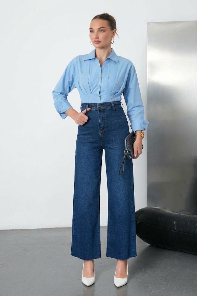 Paça Kesikli Straight Pantalon-Koyu Mavi KOYU MAVİ