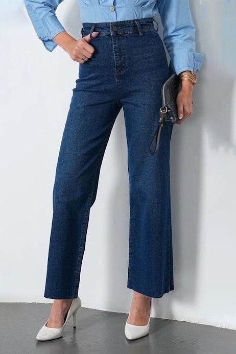Paça Kesikli Straight Pantalon-Koyu Mavi KOYU MAVİ
