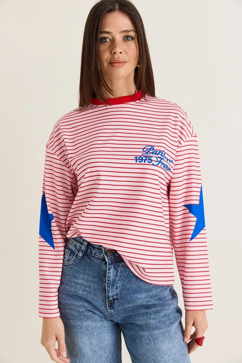 Pembe - Pars Renk Çizgili Bluz PEMBE
