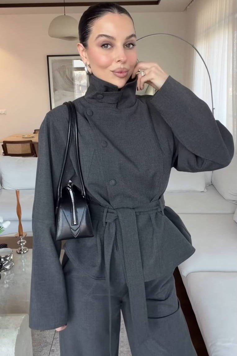 Poliviskon Kuşaklı Ceket Takım-Gri GRİ
