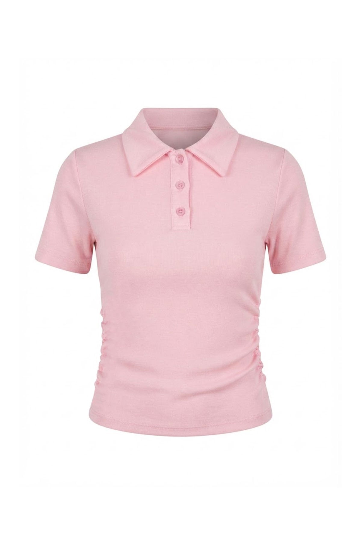 Polo Yaka Düğme Detay Bel Büzgülü Bluz PEMBE