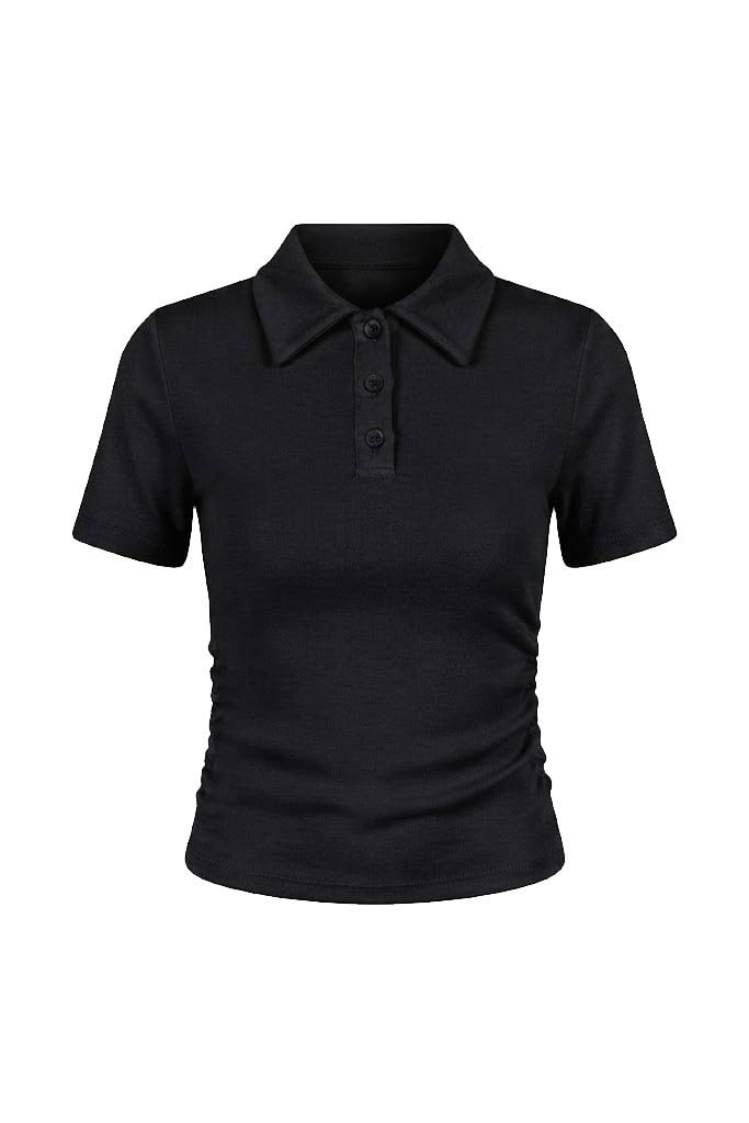 Polo Yaka Düğme Detay Bel Büzgülü Bluz SİYAH