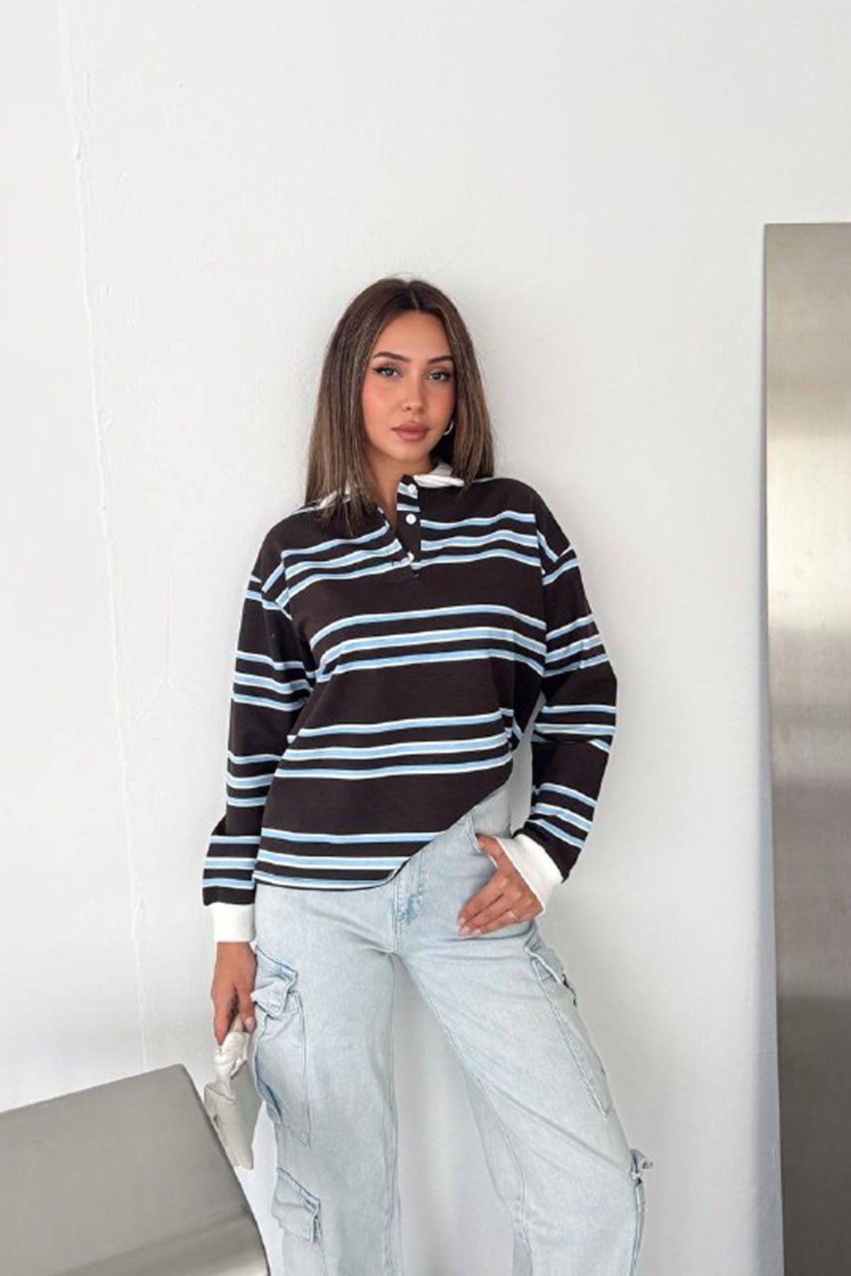 Polo Yaka Yan Çizgi Sweater-Kahve KAHVE