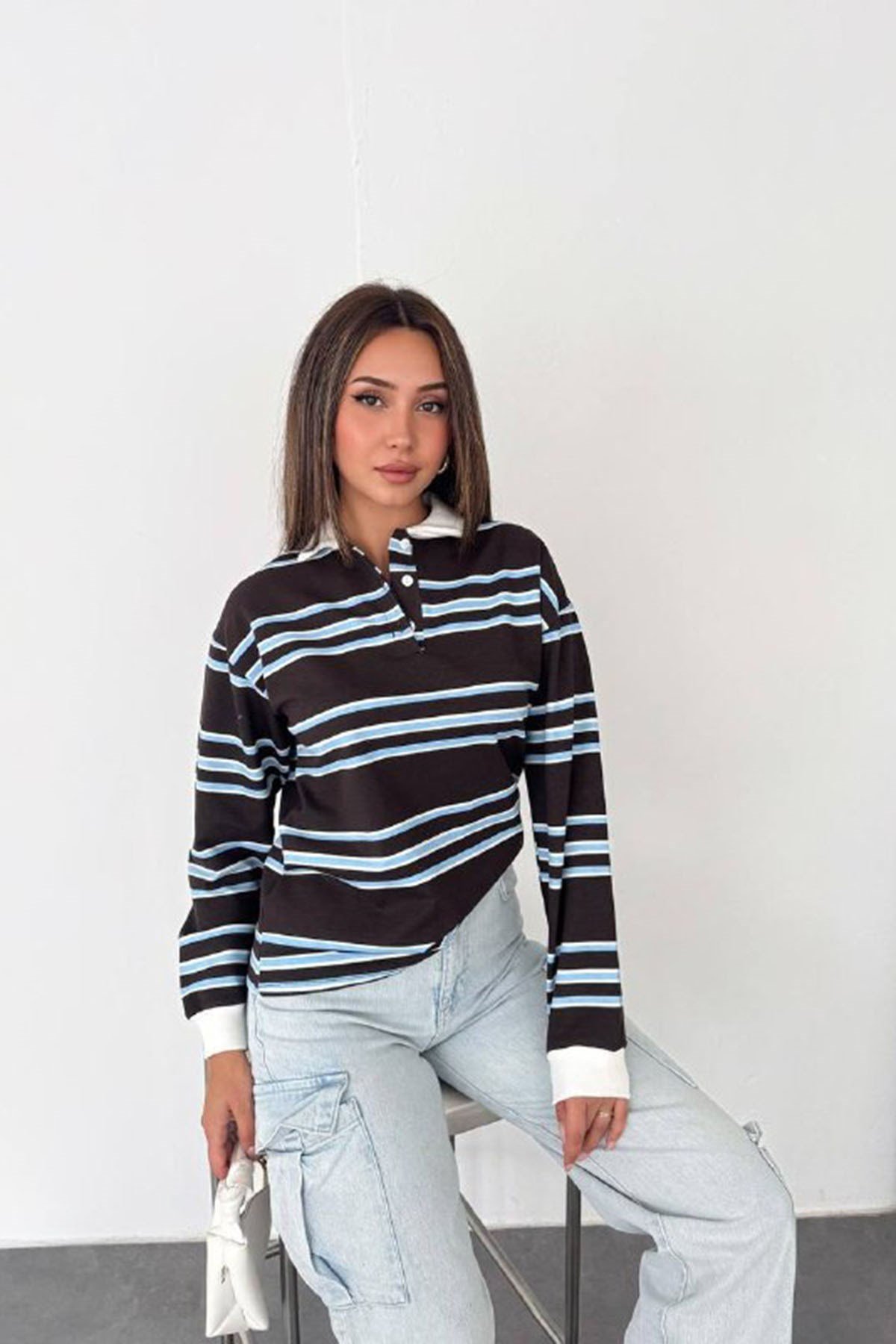 Polo Yaka Yan Çizgi Sweater-Kahve KAHVE