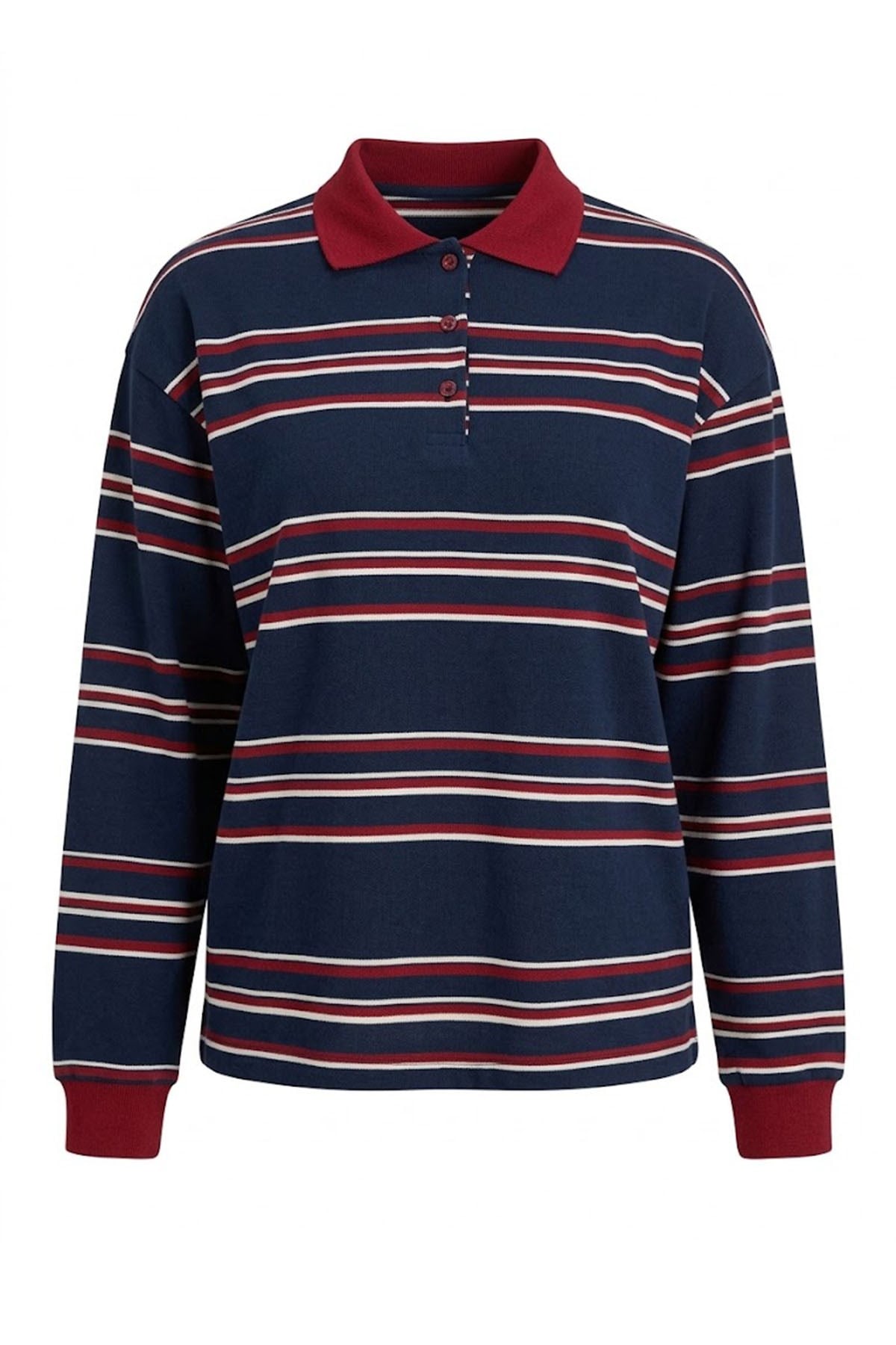 Polo Yaka Yan Çizgi Sweater-Lacivert LACİVERT