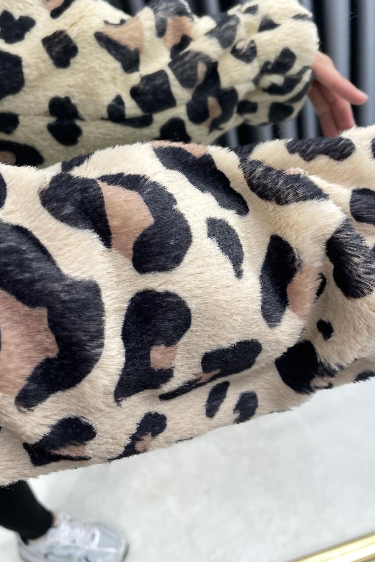 Şal Yaka İç Astarlı Leopar Peluş Mont - Leopar LEOPAR