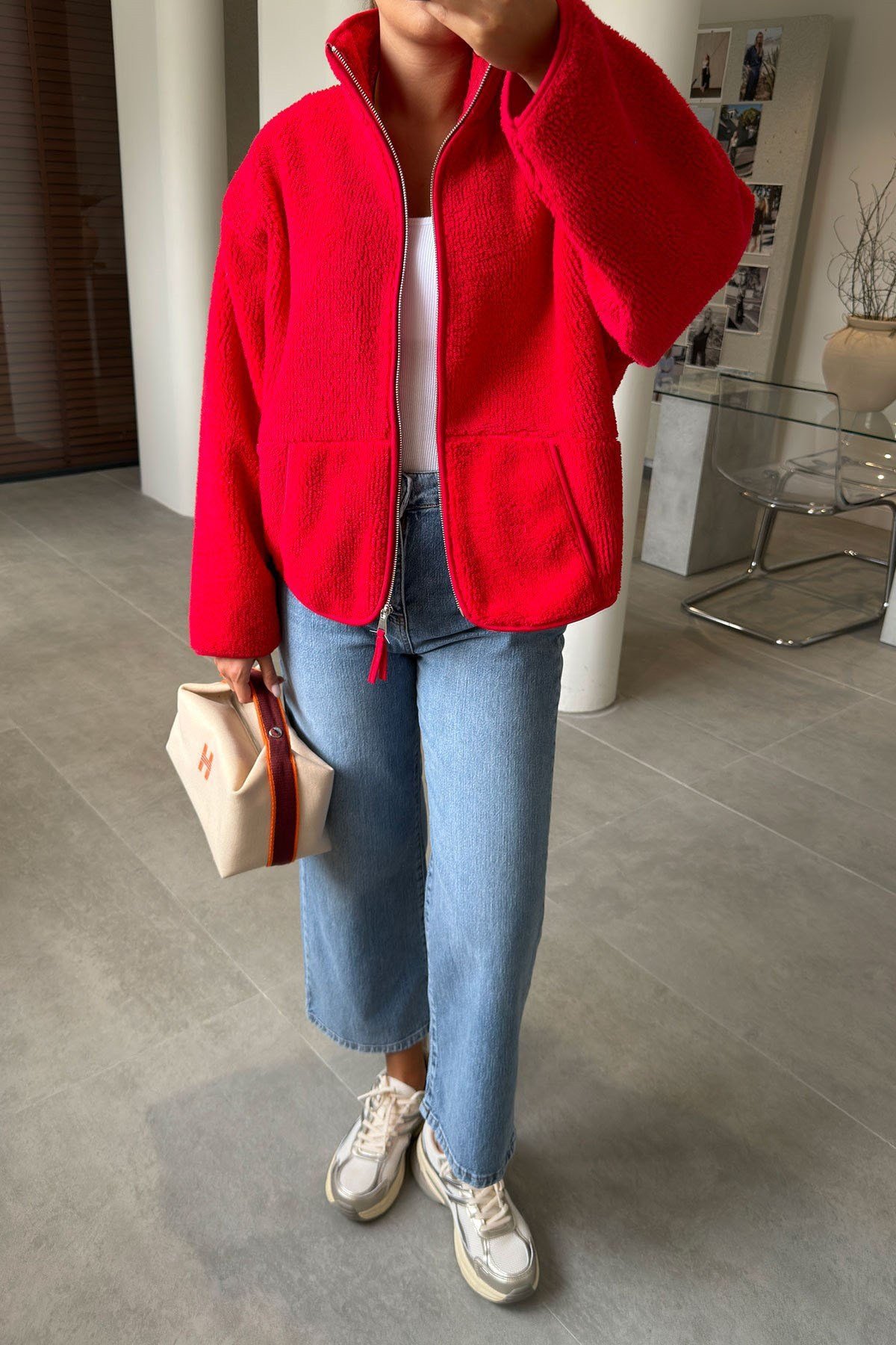 Scarlet - Yan Cepli Basic Fermuarlı Ceket Scarlet