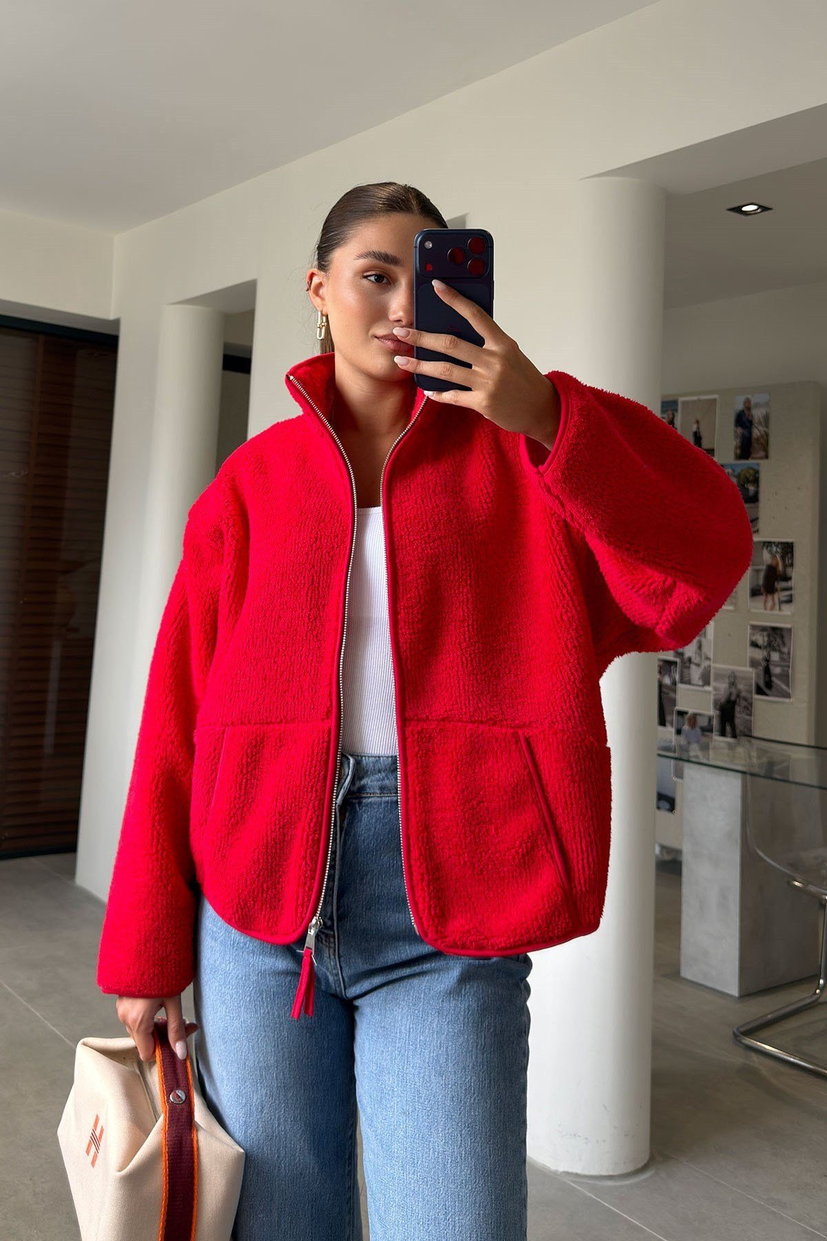 Scarlet - Yan Cepli Basic Fermuarlı Ceket Scarlet