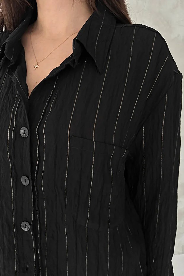 Sim Detaylı Kırışıklı Gömlek- Siyah SİYAH