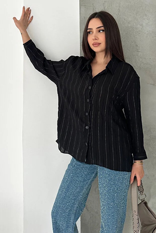 Sim Detaylı Kırışıklı Gömlek- Siyah SİYAH