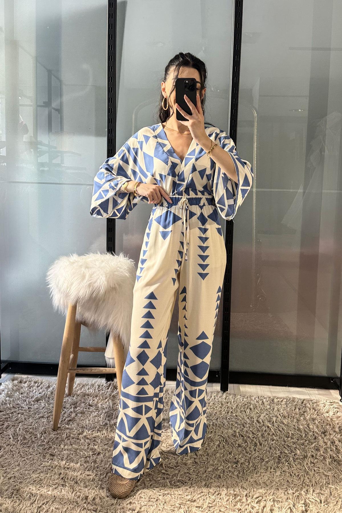 Sırt Bağcıklı Geometrik Desen İkili Takım -Mavi MAVİ