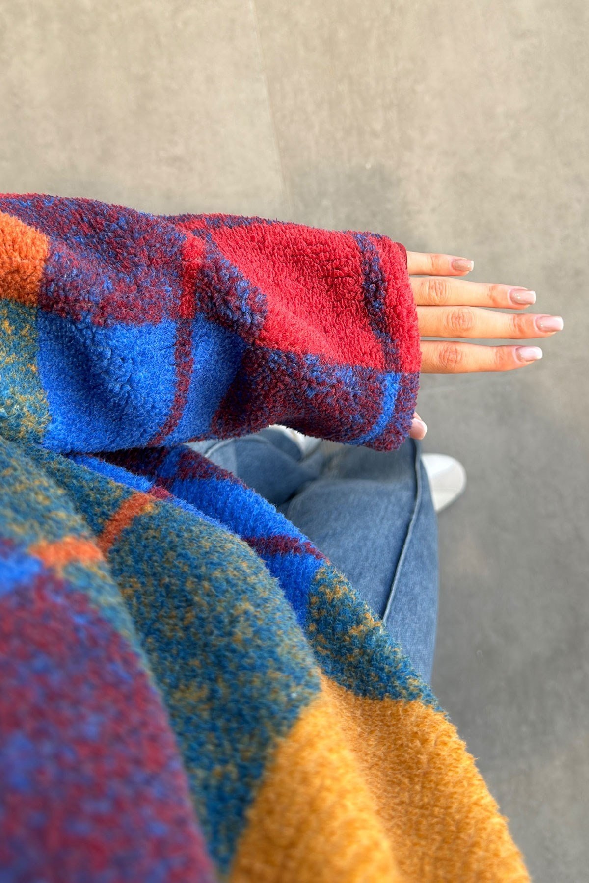 Turuncu - Yarım Fermuar Ekose Desenli Sweat Turuncu