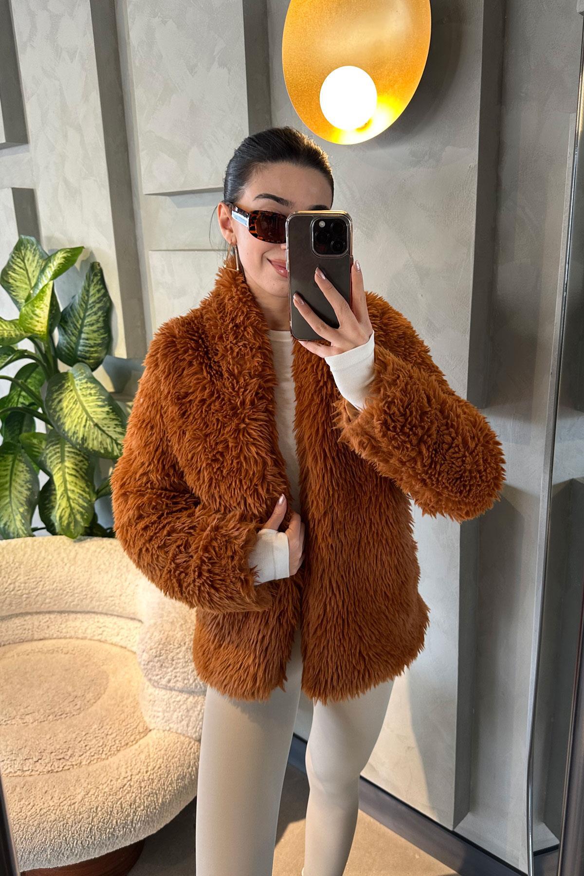 Tüylü Peluş Mont - Taba TABA